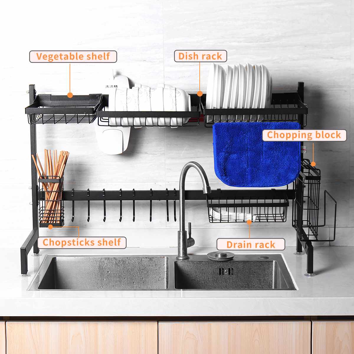 Black 62/82/92cm Stainless Steel Kitchen Dish Rack U Shape Sink Drain Rack Two layers Kitchen Organizer Shelf Storage Holder