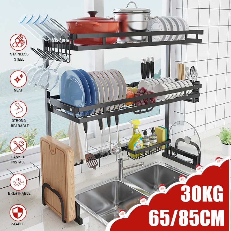 1/2 Layers Multi-use Stainless Steel Dishes Rack Steady Sink Drain Rack Kitchen Organizer Rack Dish Shelf Sink Drying Rack Black