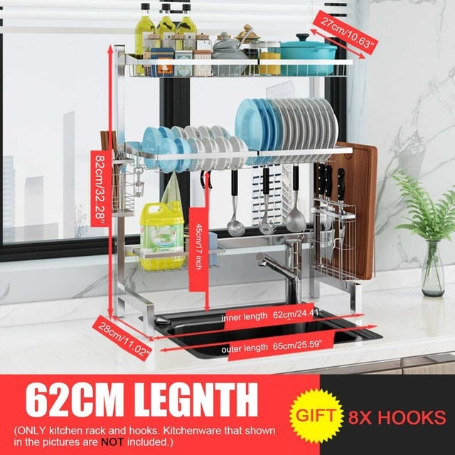 3Tier Stainless Steel Kitchen Shelf Organizer Dishes Drying Rack Over Sink Drain Rack Kitchen Storage Countertop Utensils Holder