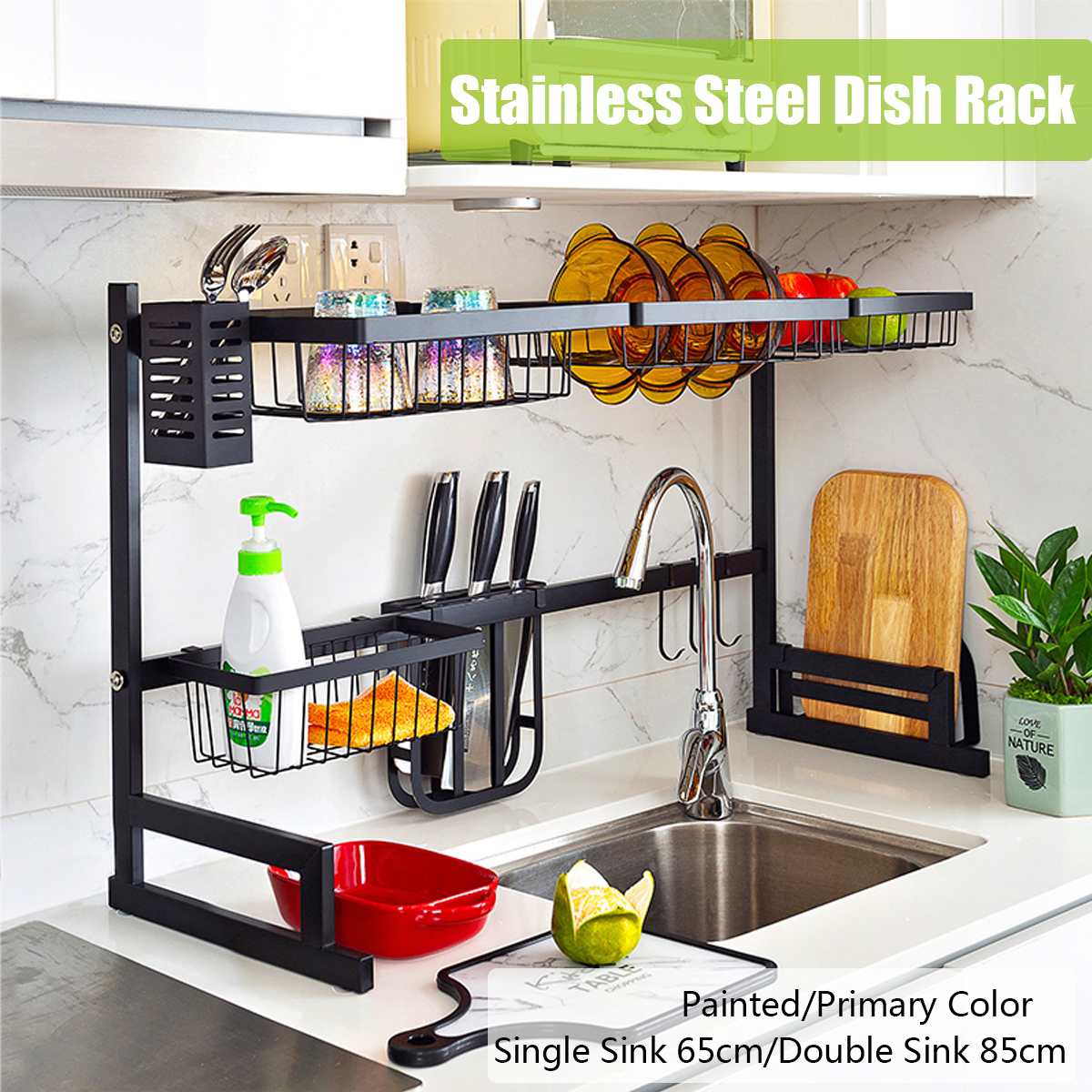 Stainless Steel Kitchen Shelf Organizer Dishes Drying Rack Over Sink Drain Rack Kitchen Storage Countertop Utensils Holder